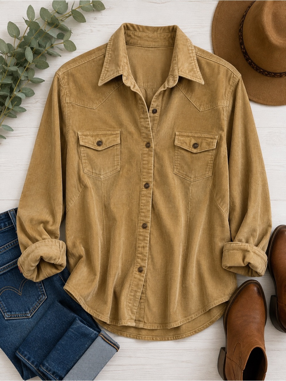 Vintage Relaxed Corduroy Button-Front Jean Jacket in Tan